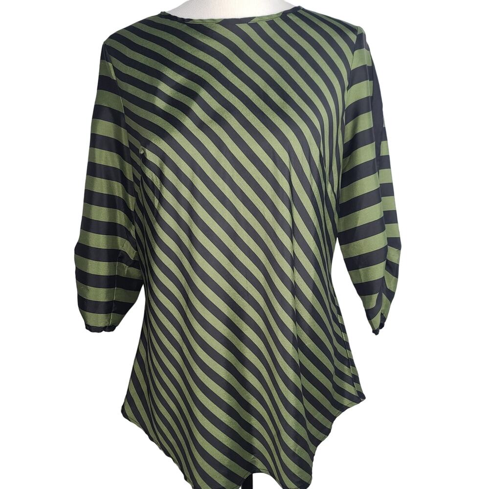 Eci Tunic Top 3/4 Sleeve Large Green Black Stripe Tunic Blouse Mod Witchy